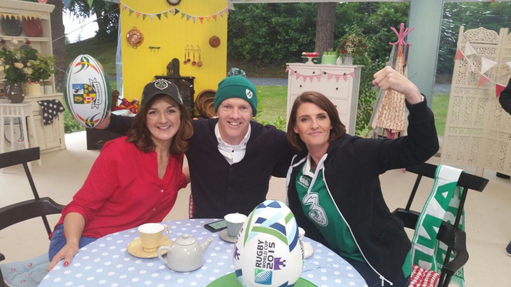 Presenter Anna Nolan, and judges Paul Kelly & Lilly Higgins take part in a Rugby World Cup inspired promo for The Great Irish Bake Off.