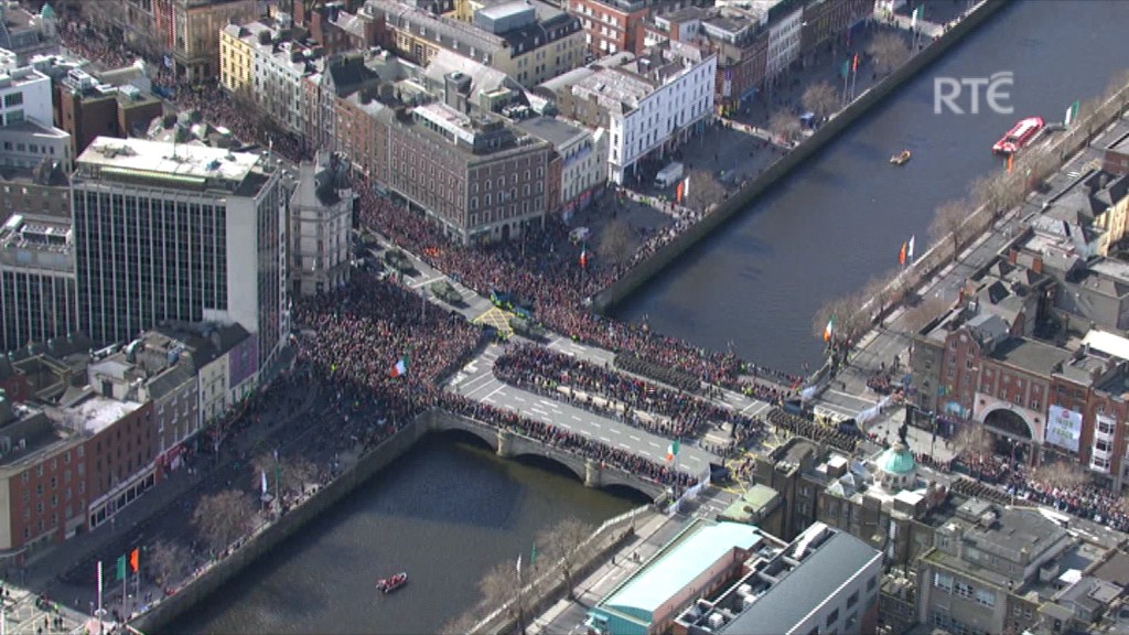 RTE Aerial footage of the 1916 State Commemorations on Easter Sunday of the parade crossing O'Connell Bridge in Dublin.