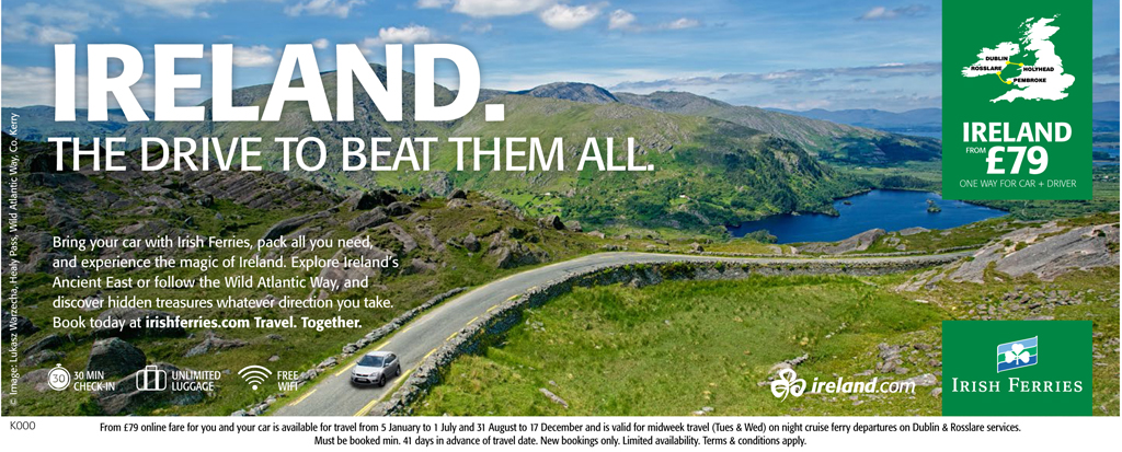 August 2016 – Tourism Ireland has teamed up with Irish Ferries to promote car touring holidays along the Wild Atlantic Way and around Ireland’s Ancient East. A joint campaign – targeting our important ‘culturally curious’ audience – is under way right now in Britain. PIC SHOWS: Newspaper ad - part of joint Tourism Ireland-Irish Ferries campaign. Pic – Tourism Ireland (no repro fee) Further press info – Sinéad Grace, Tourism Ireland 087-685 9027