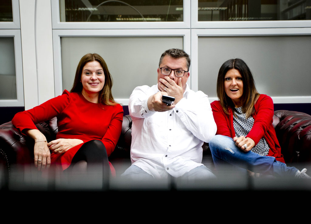 Picture attached - Gogglebox creator and maker Tania Alexander (right) with Niamh O'Driscoll, Senior Brand and Communications Manager, Virgin Media (left) and Daren Smith, Executive Producer of Gogglebox and Managing Director of Kite Entertainment who are producing the series for TV3. Virgin Media has been announced as the exclusive sponsor of TV3s new Irish version of Gogglebox which will hit screens nationwide in September.