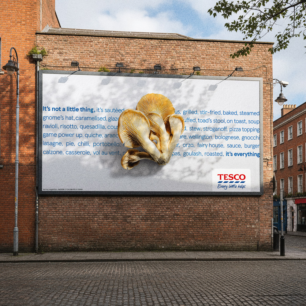 Tesco Ireland OOH campaign with giant mushroom creative installation in Ireland
