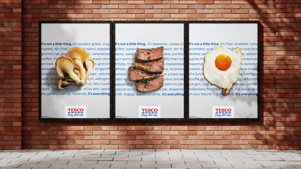 Campaña OOH de Tesco Irlanda con creatividades destacando ingredientes frescos